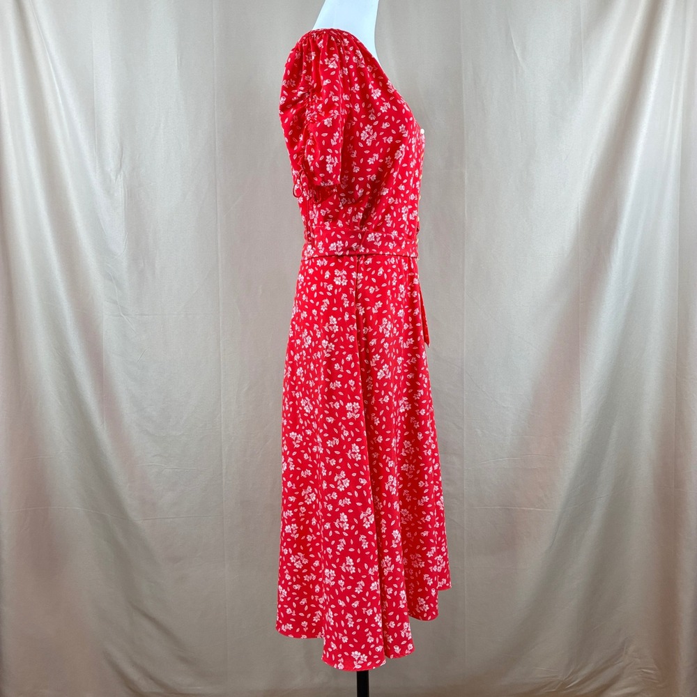 Lauren Ralph Lauren Womens 12 Midi Dress Red Floral Button Front Cottagecore - Picture 6 of 16